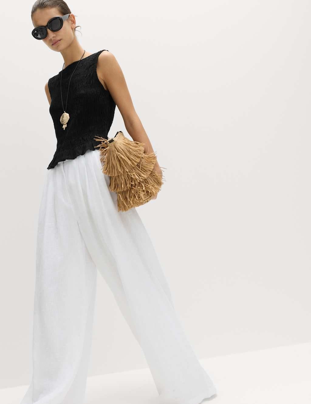 Marks & Spencer M&S Slash Neck Shirred Top with Linen Black - 2