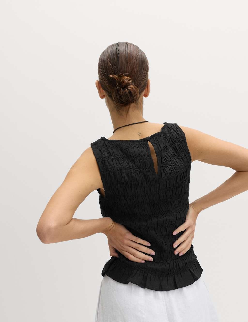 Marks & Spencer M&S Slash Neck Shirred Top with Linen Black - 3