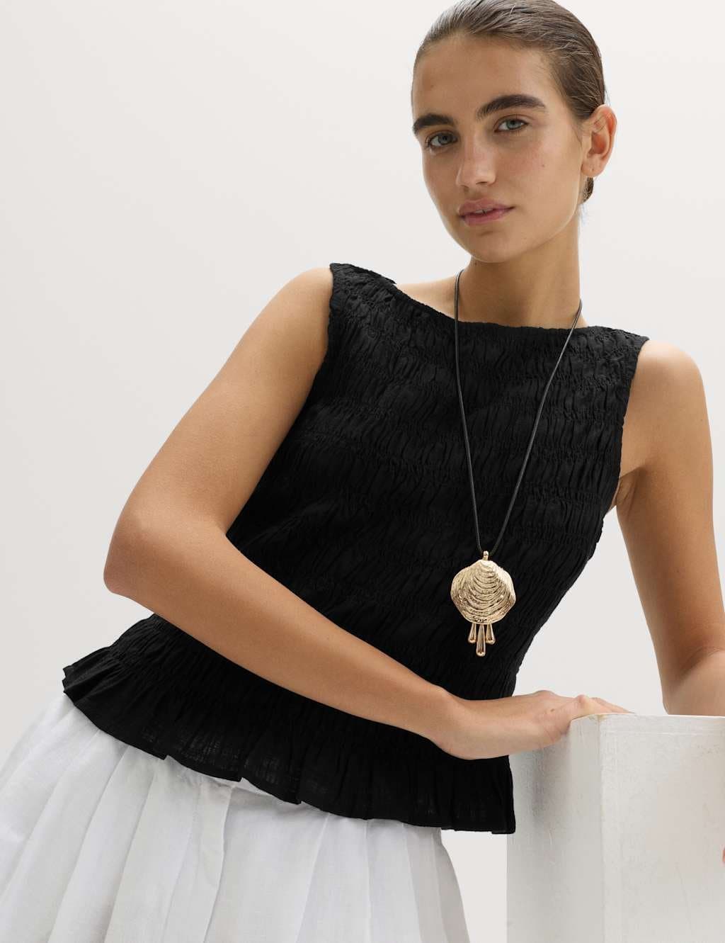 Marks & Spencer M&S Slash Neck Shirred Top with Linen Black - 4