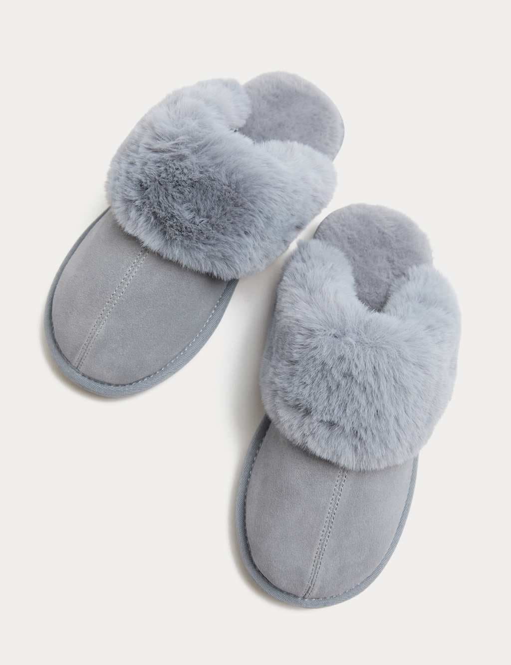 Marks & Spencer M&S Suede Faux Fur Trim Mule Slippers Pale Blue