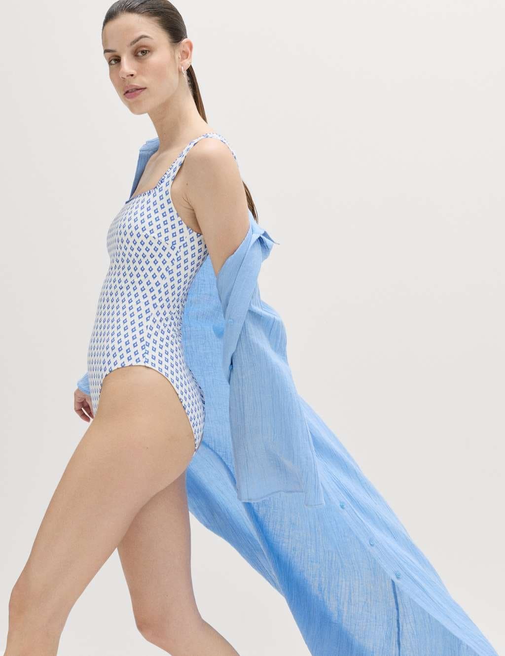 Marks & Spencer M&S Printed Padded Wide Strap Square Neck Swimsuit Blue Mix - 2