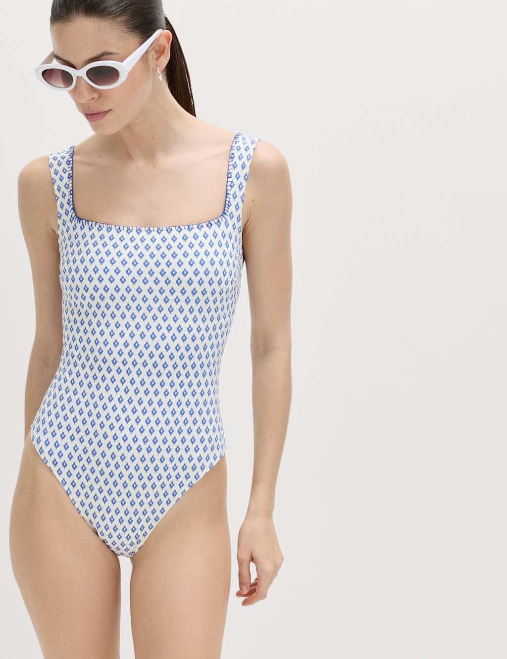 Marks & Spencer M&S Printed Padded Wide Strap Square Neck Swimsuit Blue Mix - 5