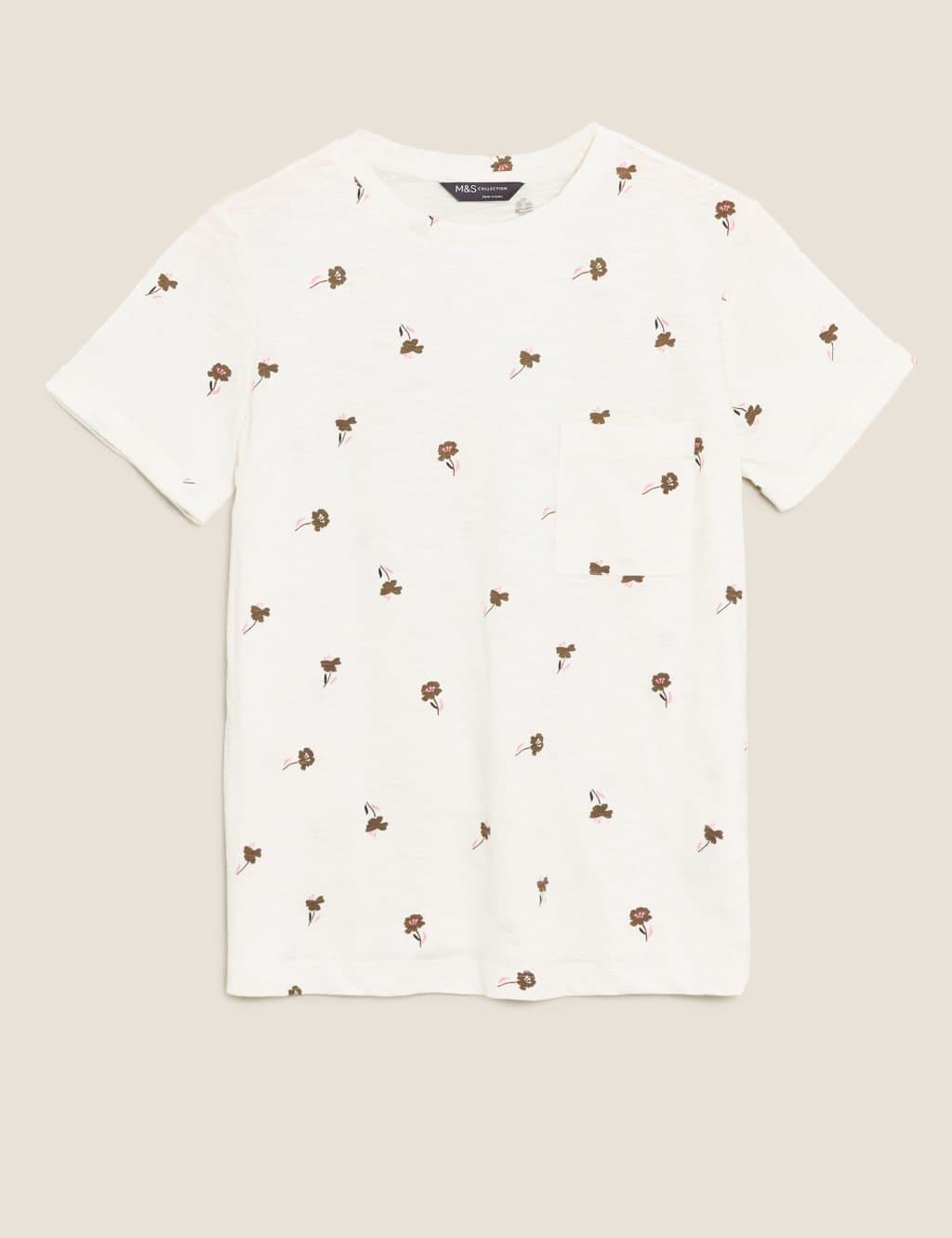 Marks & Spencer M&S Pure Cotton Floral Crew Neck T-Shirt Cream Mix - 2