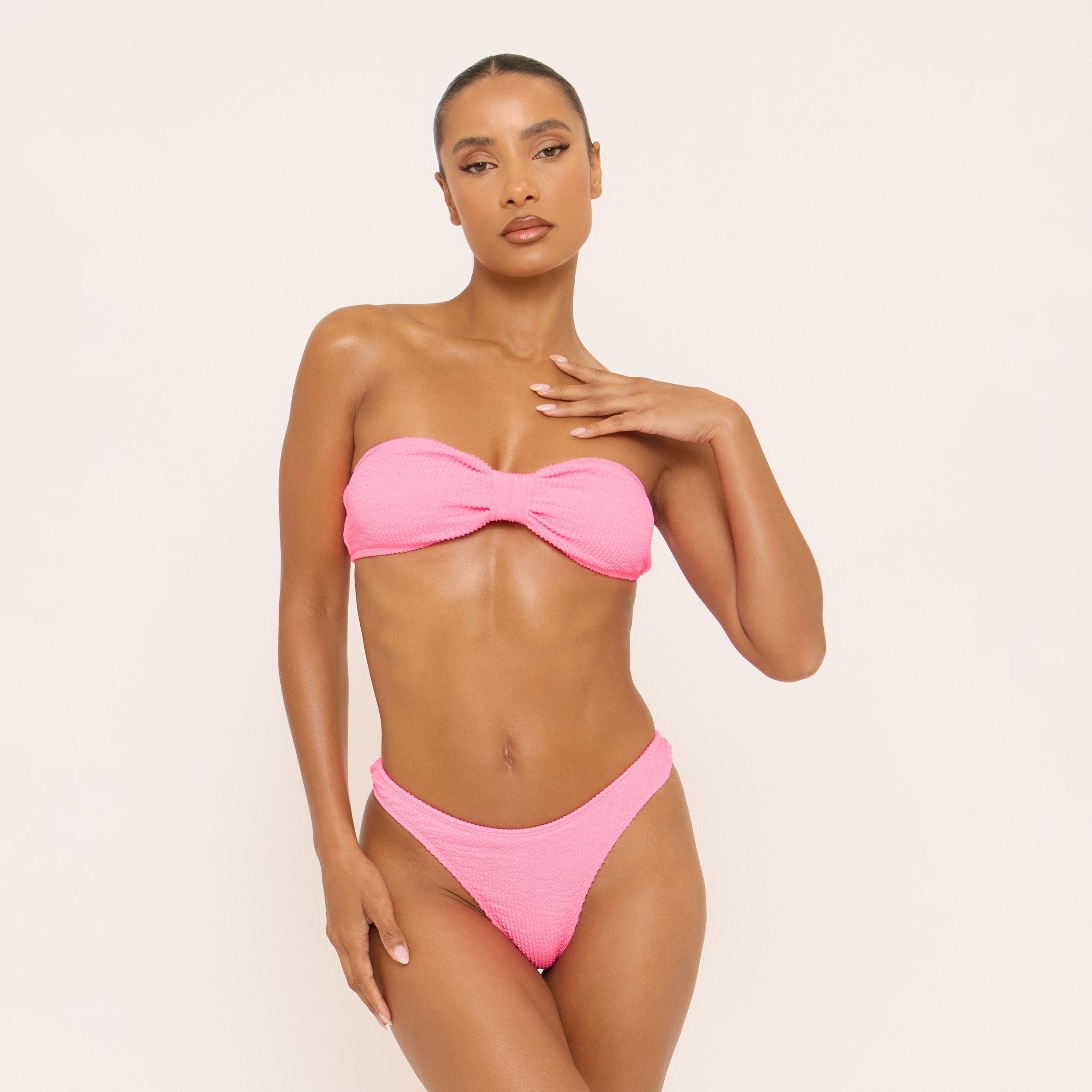 EGO Mid Rise Ruched Thong Bikini Bottoms In Pink Crinkle, Women's Size UK 14