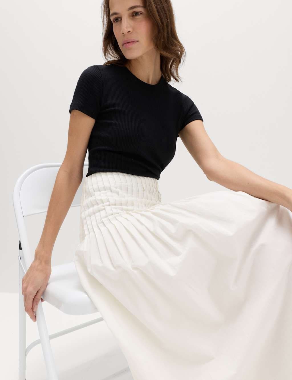 Marks & Spencer M&S Pure Cotton Pleated Midi A-Line Skirt Soft White - 2