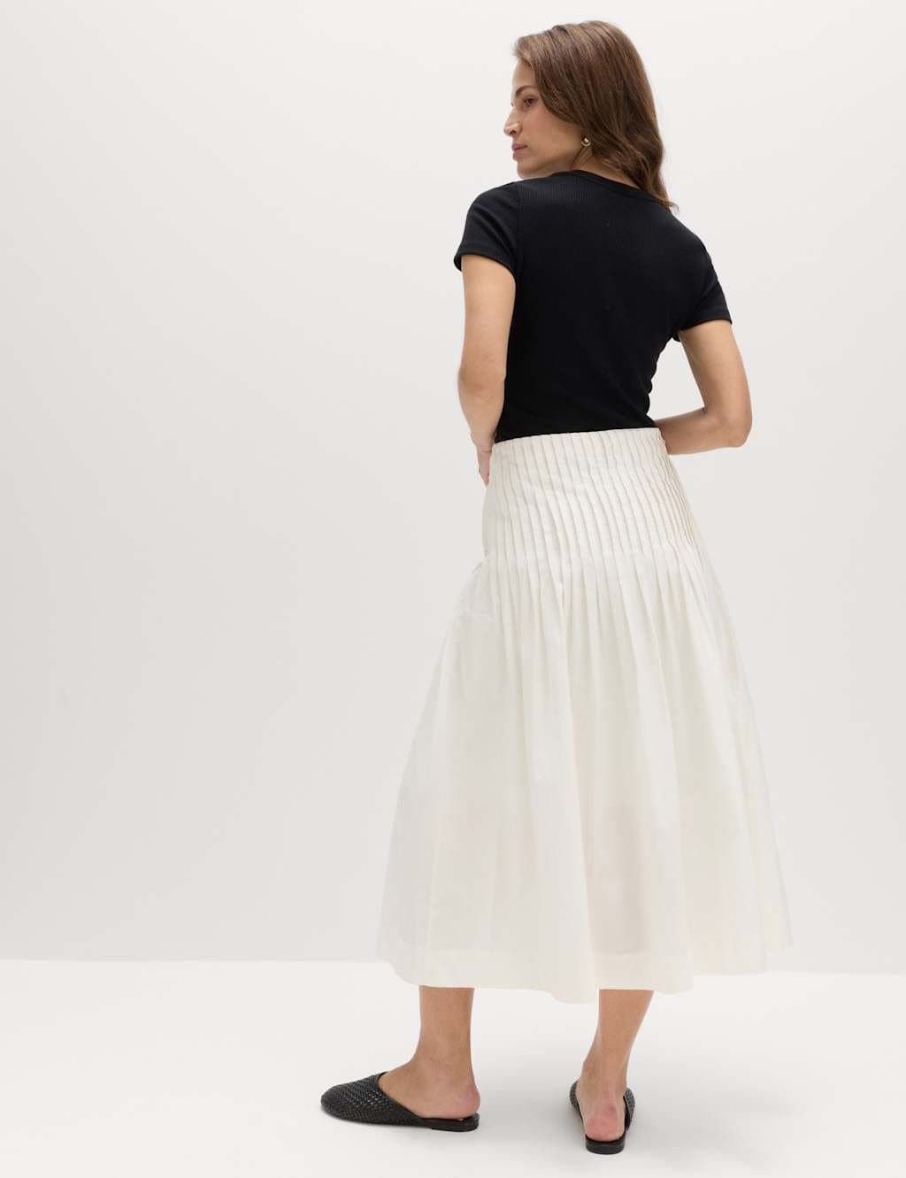Marks & Spencer M&S Pure Cotton Pleated Midi A-Line Skirt Soft White - 3