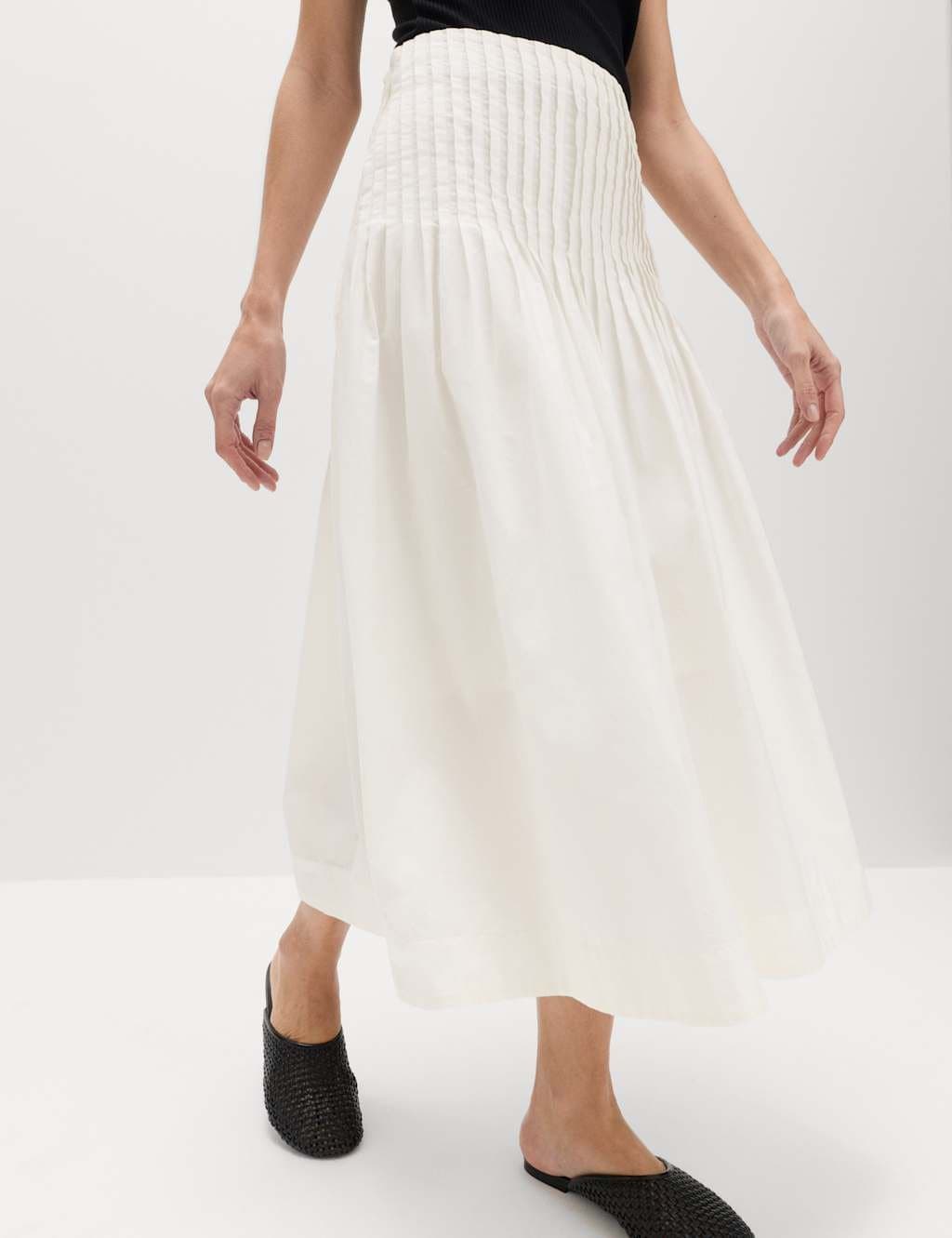 Marks & Spencer M&S Pure Cotton Pleated Midi A-Line Skirt Soft White - 5
