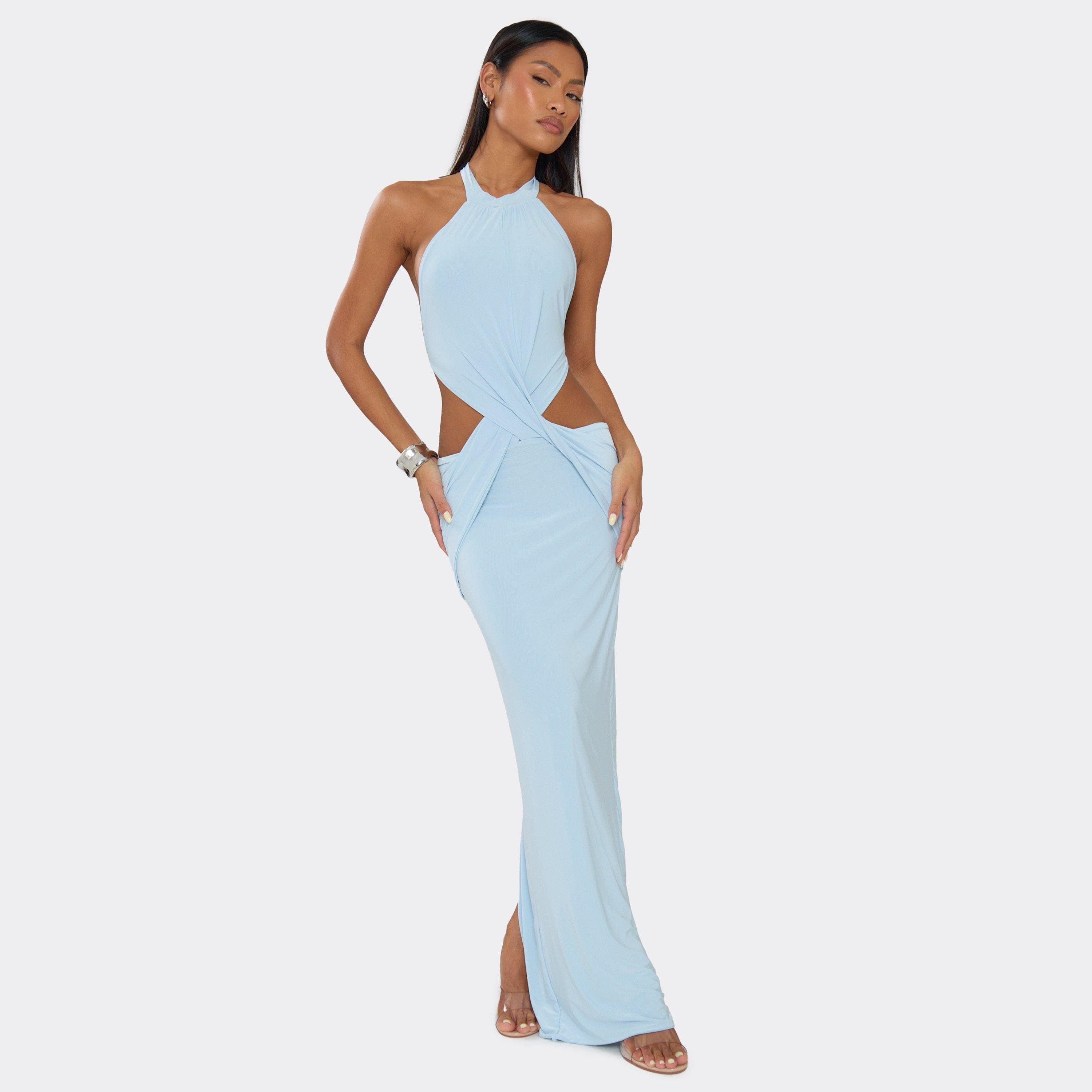 EGO High Neck Cross Front Cut Out Maxi Dress In Baby Blue, Women's Size UK 6