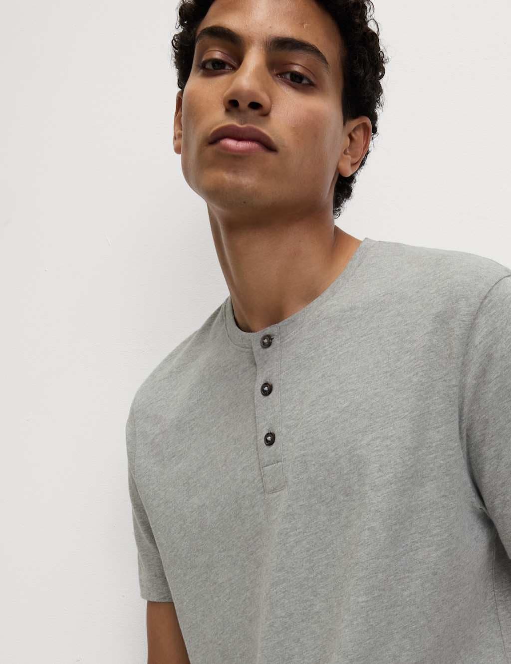 Marks & Spencer M&S Pure Cotton Henley Checked Pyjama Set Grey Mix - 3