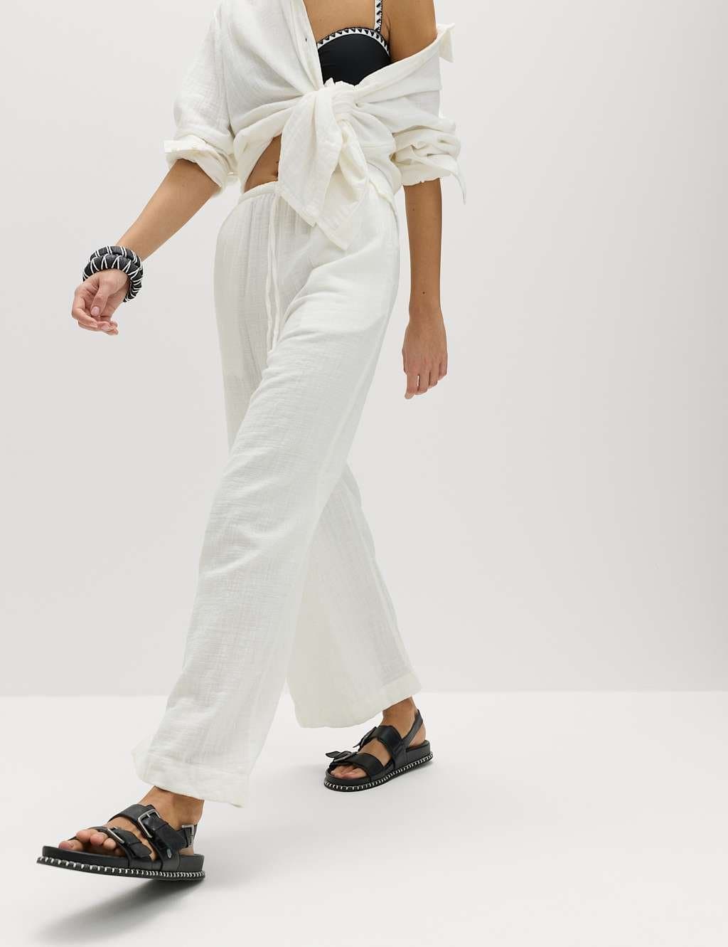 Marks & Spencer M&S Pure Cotton Drawstring Beach Trousers Soft White