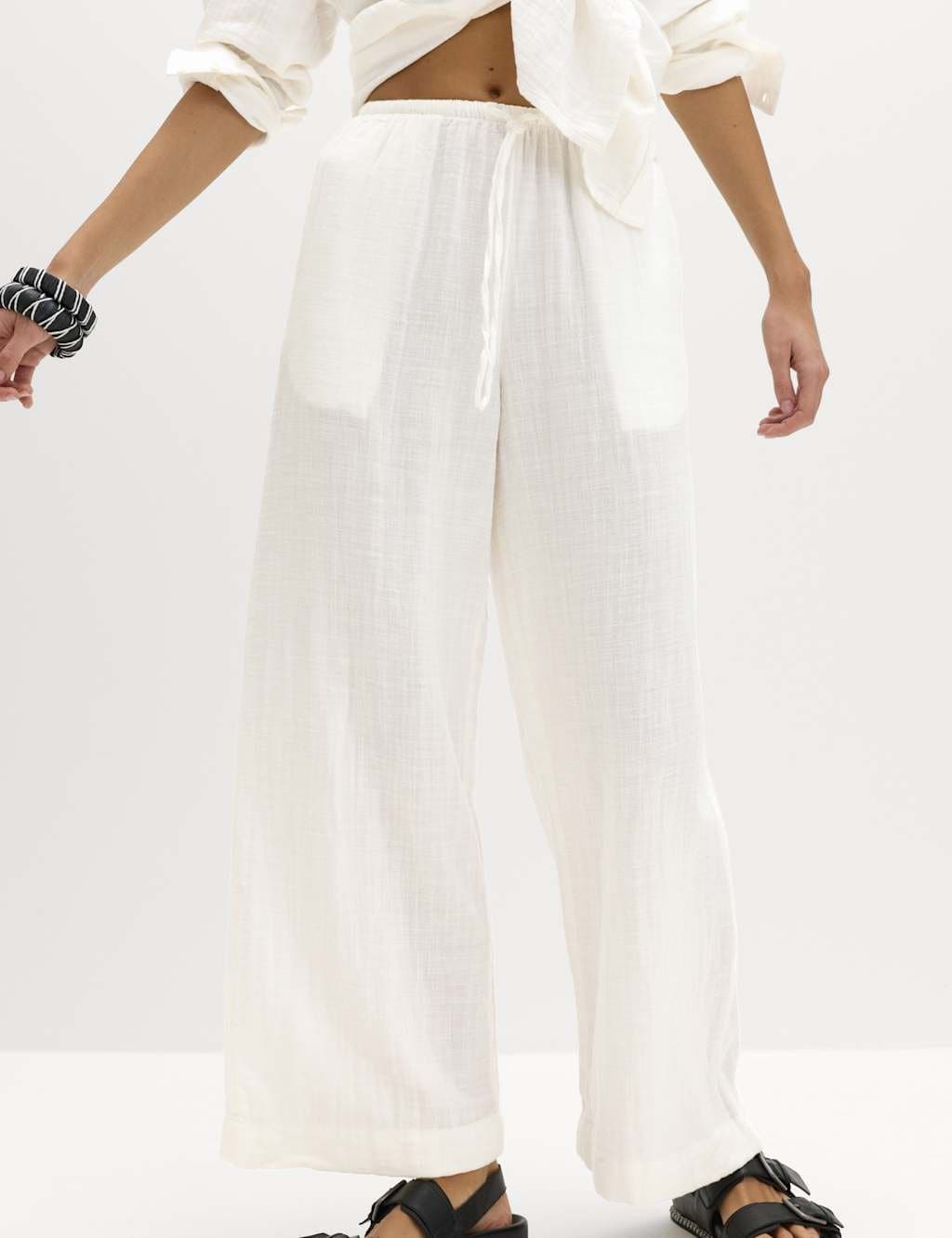 Marks & Spencer M&S Pure Cotton Drawstring Beach Trousers Soft White - 2