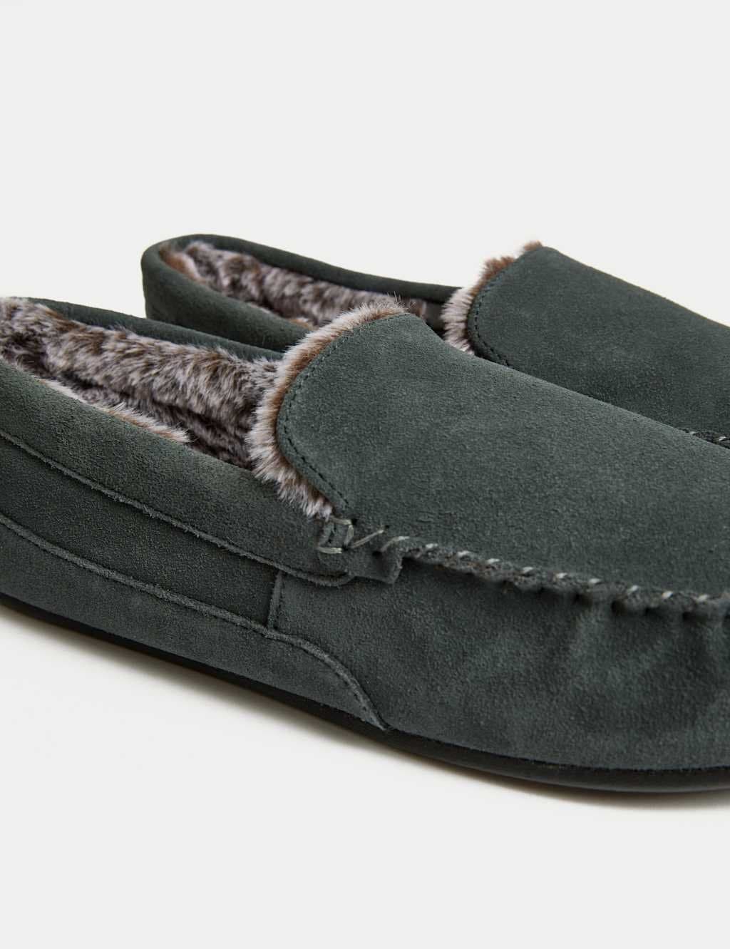 Marks & Spencer M&S Suede Fleece Lined Moccasin Slippers Med Blue Denim - 2