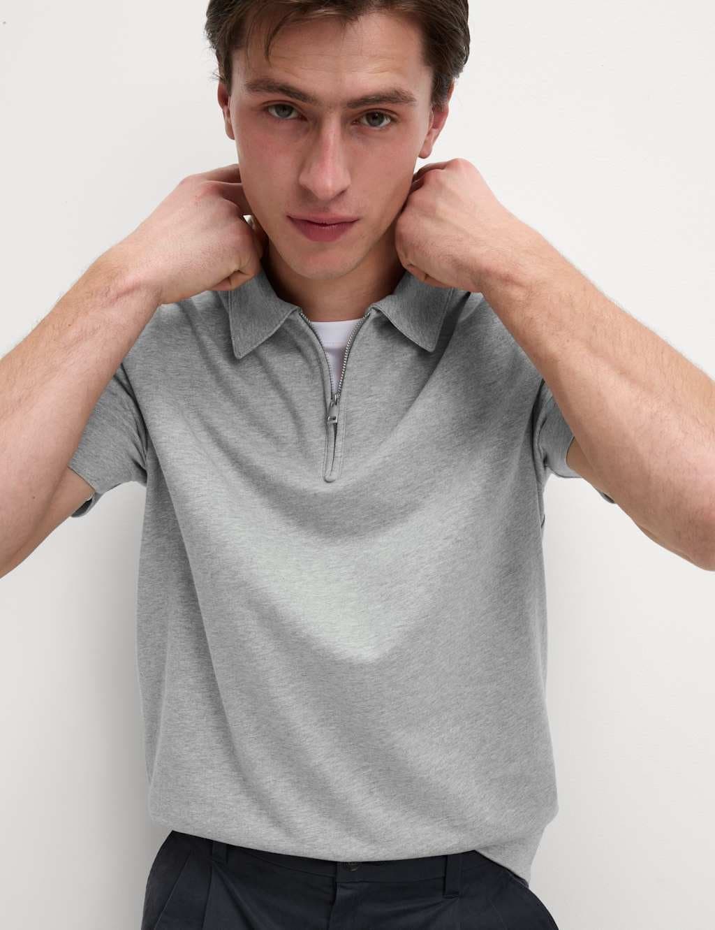 Marks & Spencer M&S Oversized Fit Cotton Rich Textured Polo Shirt Grey Marl