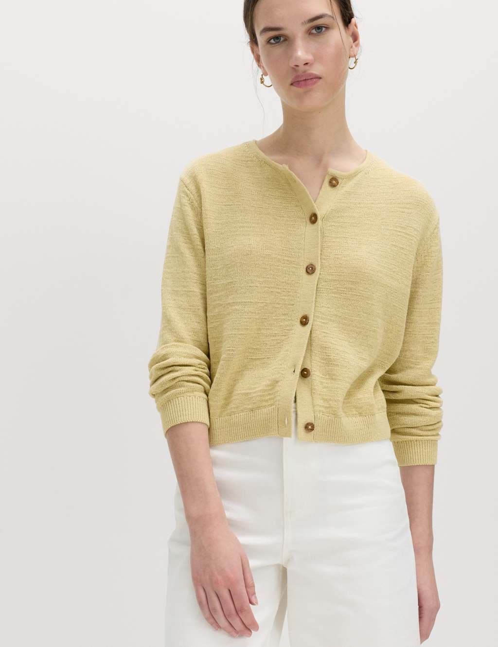 Marks & Spencer M&S Cotton Rich Button Through Cropped Cardigan Camomile - 2