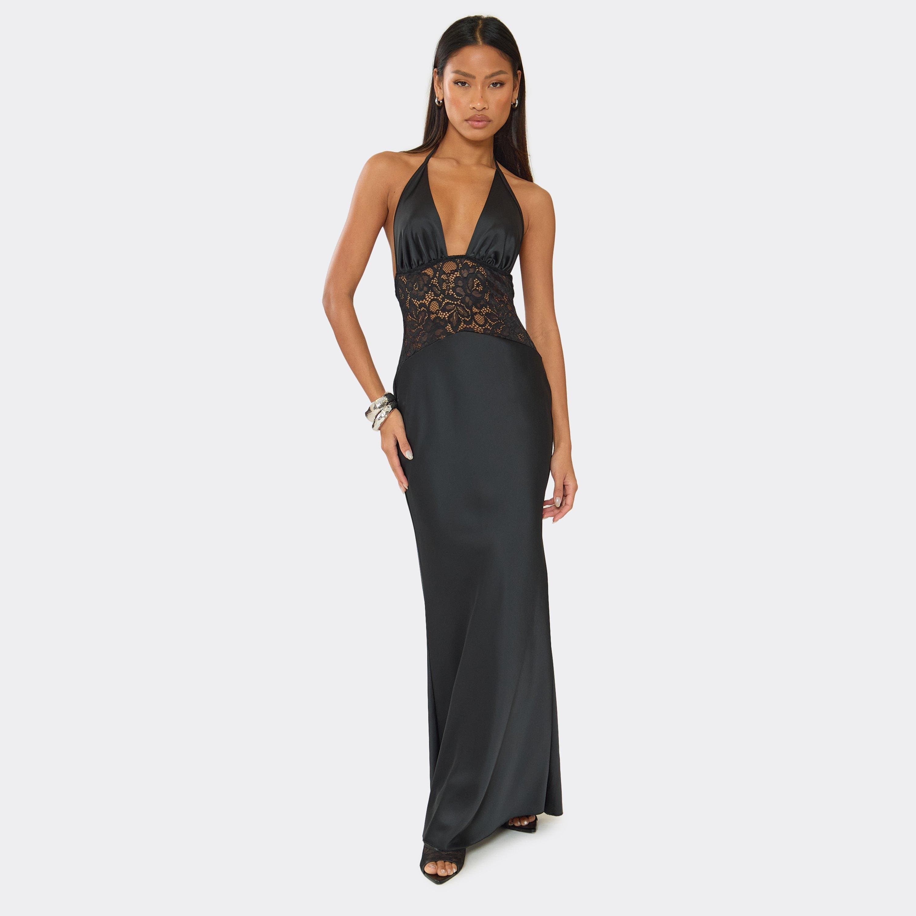EGO Halterneck Plunge Front Contrast Lace Panel Maxi Dress In Black Satin, Women's Size UK 6