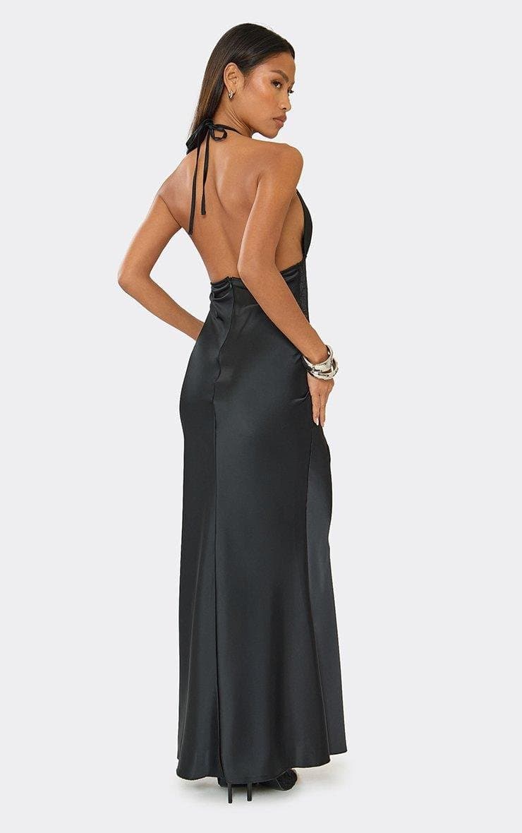 EGO Halterneck Plunge Front Contrast Lace Panel Maxi Dress In Black Satin, Women's Size UK 6 - 2