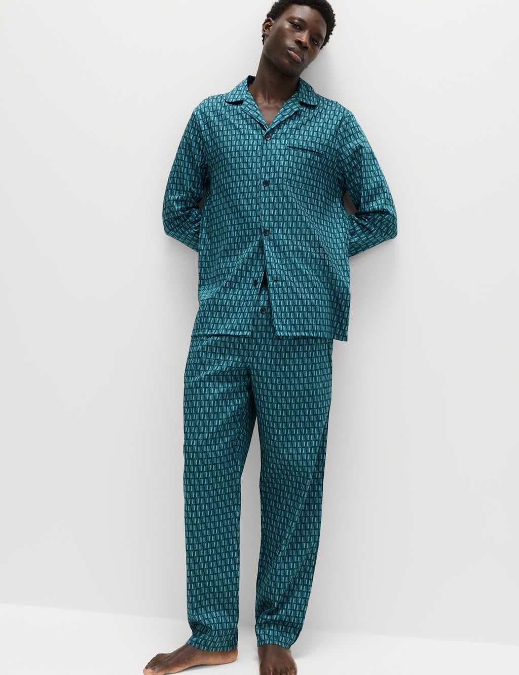 Marks & Spencer M&S Pure Cotton Geometric Print Pyjama Set Green Mix