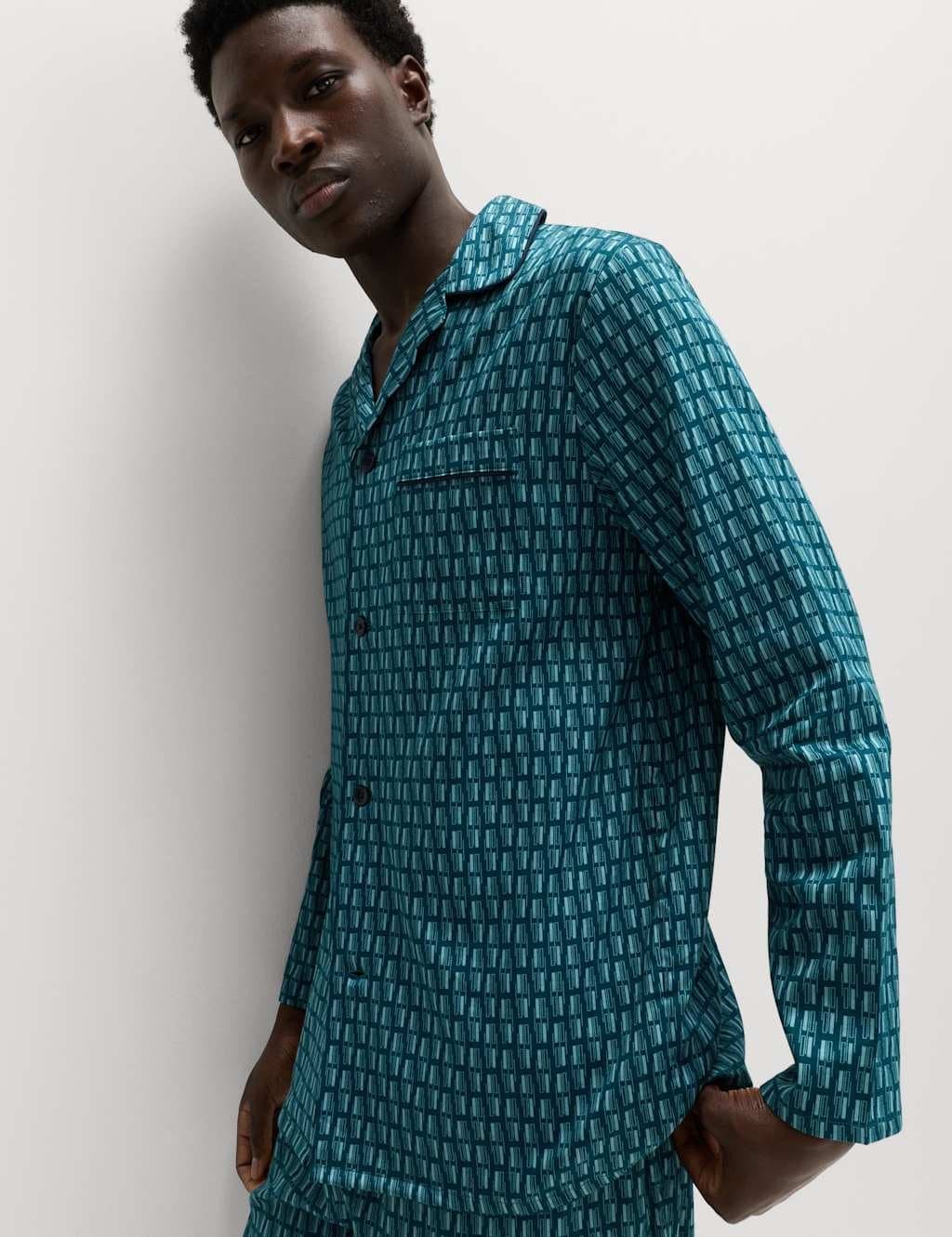 Marks & Spencer M&S Pure Cotton Geometric Print Pyjama Set Green Mix - 2