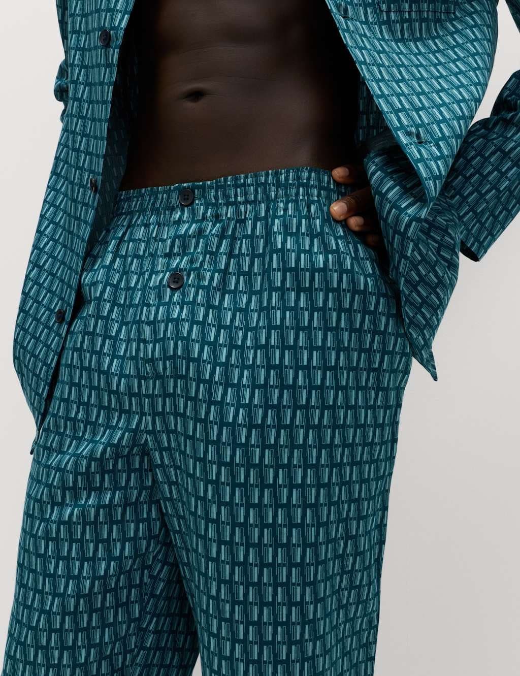 Marks & Spencer M&S Pure Cotton Geometric Print Pyjama Set Green Mix - 3