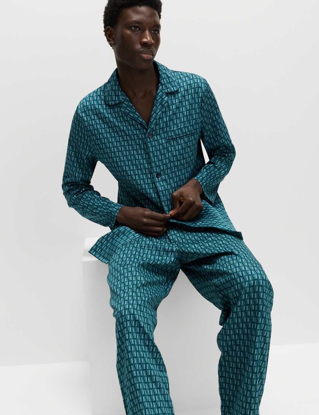 Marks & Spencer M&S Pure Cotton Geometric Print Pyjama Set Green Mix - 5