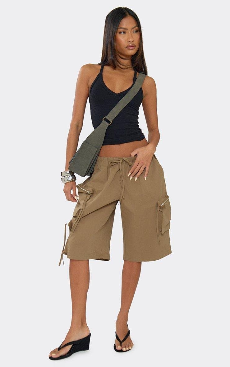 EGO Low Rise Drawstring Waist Pocket Detail Cargo Jort In Khaki, Women's Size UK 6 - 2