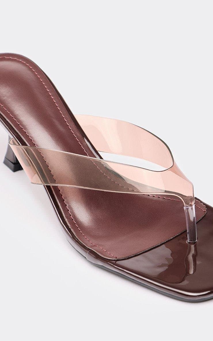 EGO Bulb Perspex Thong Strap Square Toe Kitten Heeled Mule In Brown Faux Leather, Women's Size UK 3 - 2