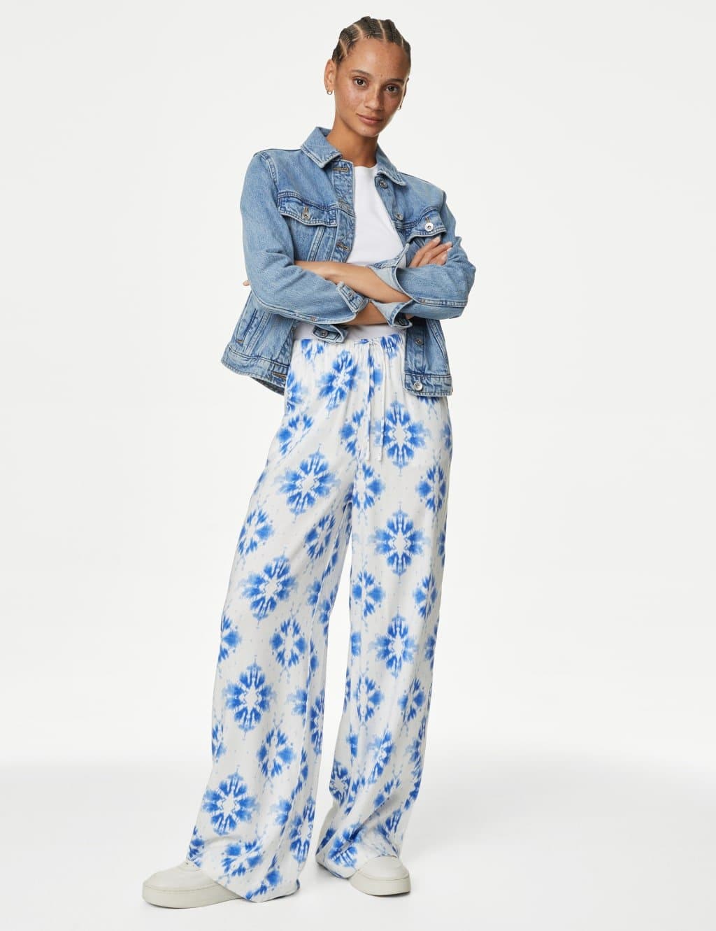 Marks & Spencer M&S Wide Leg Floral Elasticated Waisted Trousers Blue Mix