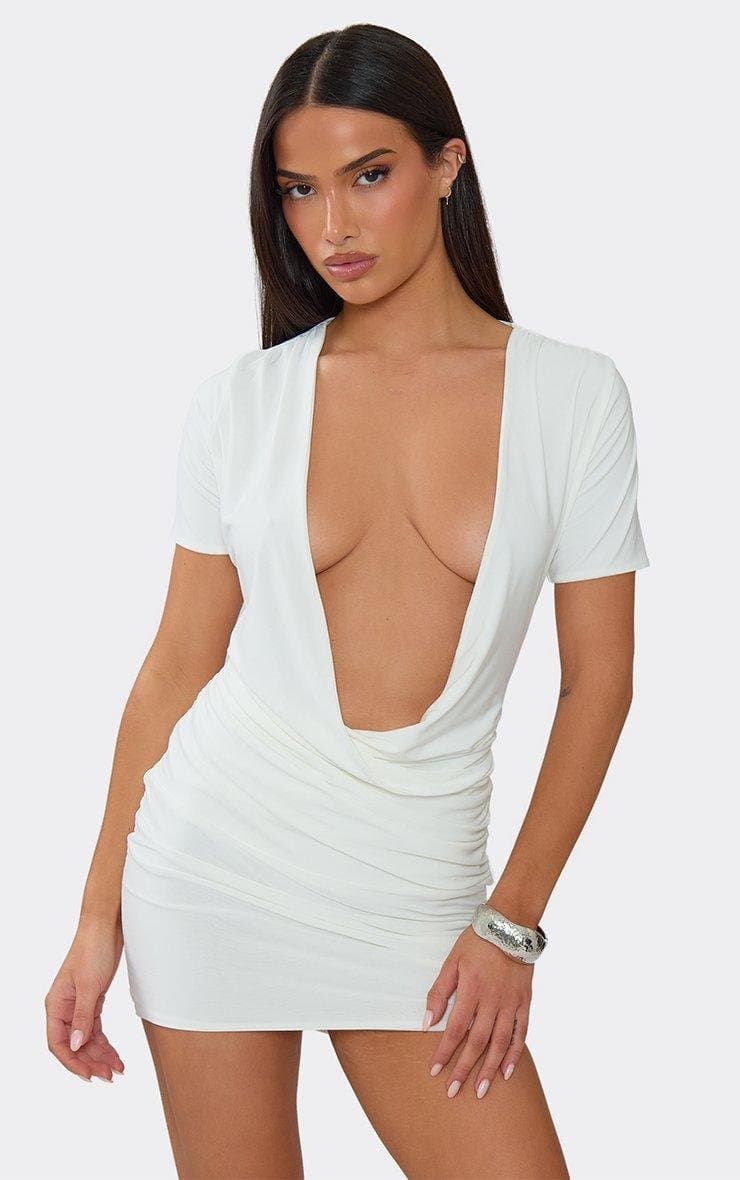 EGO Plunge Neck Cross Front Cap Sleeve Mini Dress In White Slinky, Women's Size UK 6 - 2