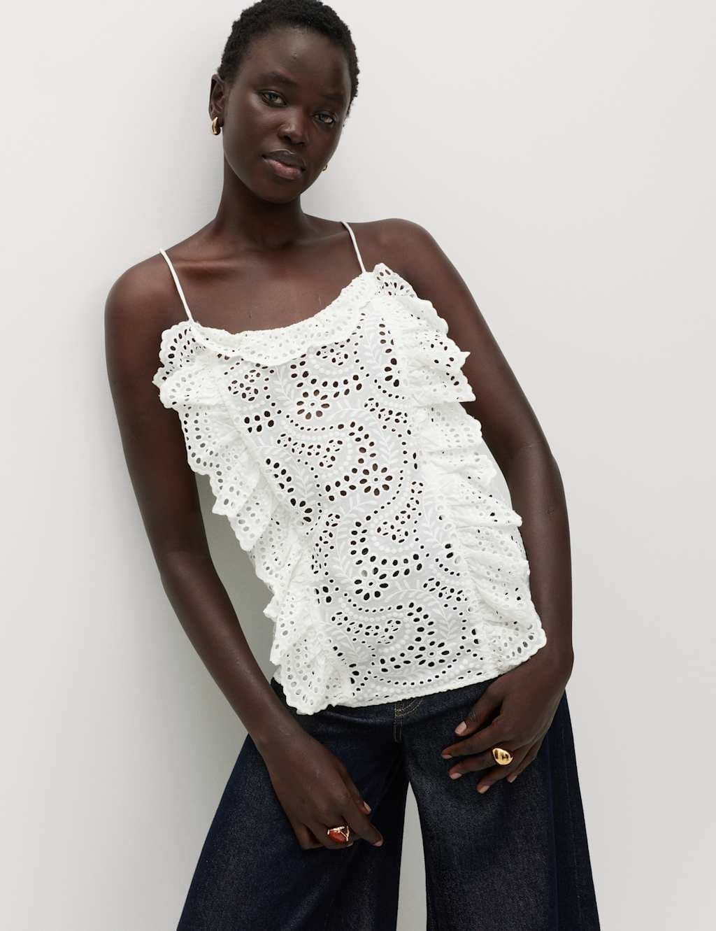 Marks & Spencer M&S Pure Cotton Broderie Ruffle Cutwork Cami Soft White