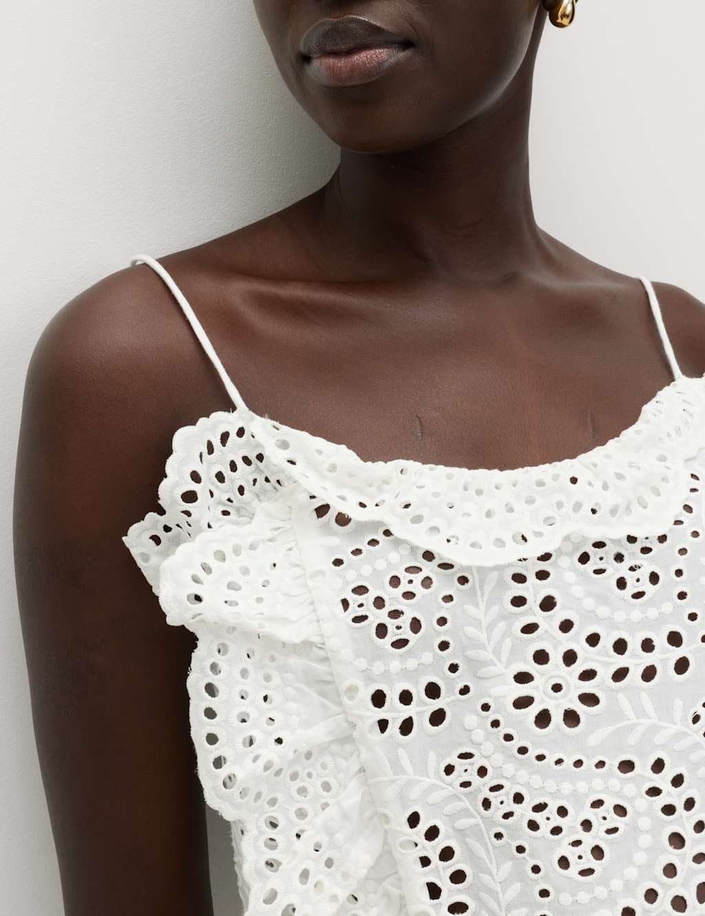 Marks & Spencer M&S Pure Cotton Broderie Ruffle Cutwork Cami Soft White - 5