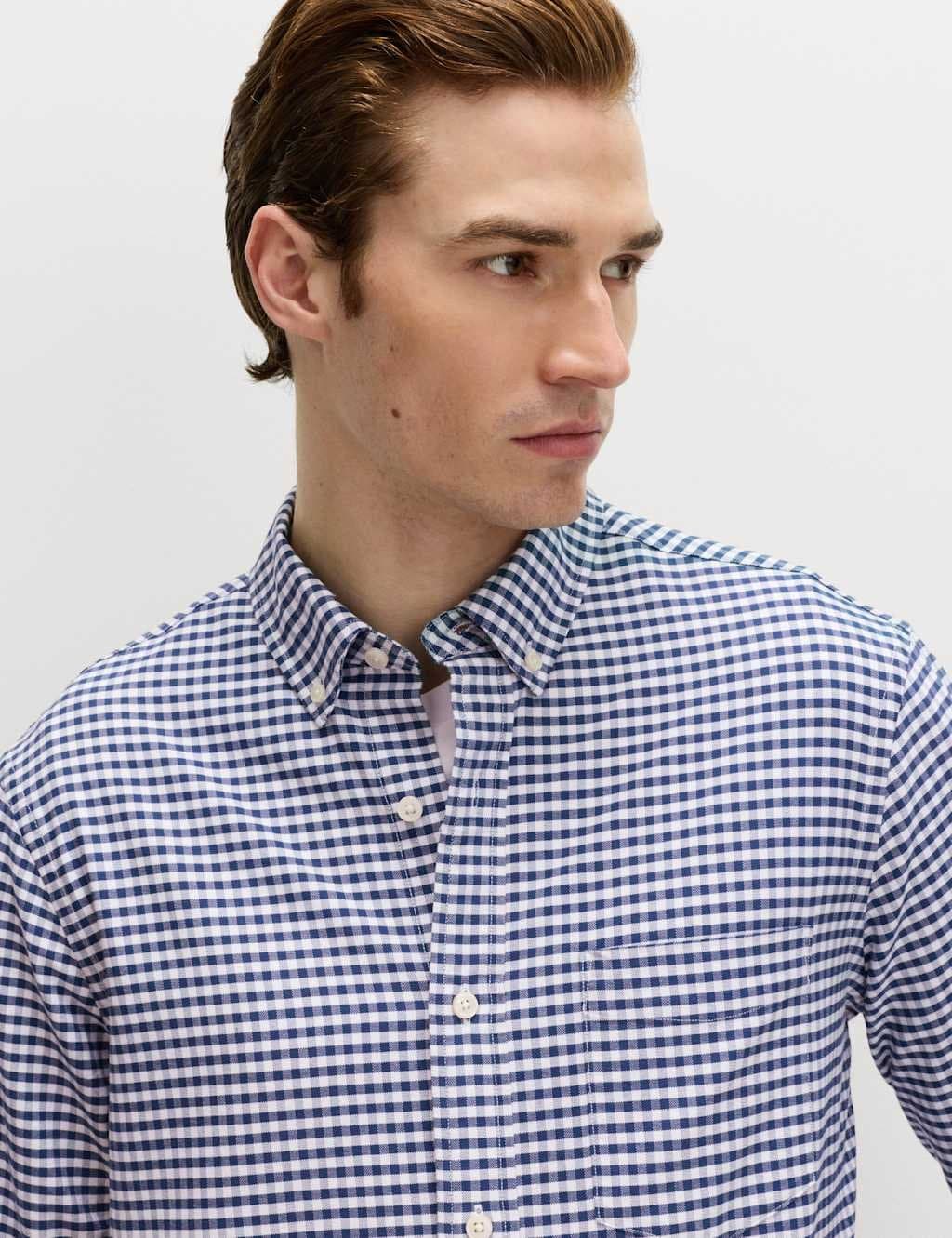 Marks & Spencer M&S Ultimate Pure Cotton Check Oxford Shirt Navy Mix - 2