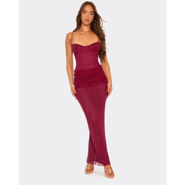EGO Strappy Cupped Contrast Lace Draped Panel Detail Maxi Dress In Burgundy, Women's Size UK 6 - 2