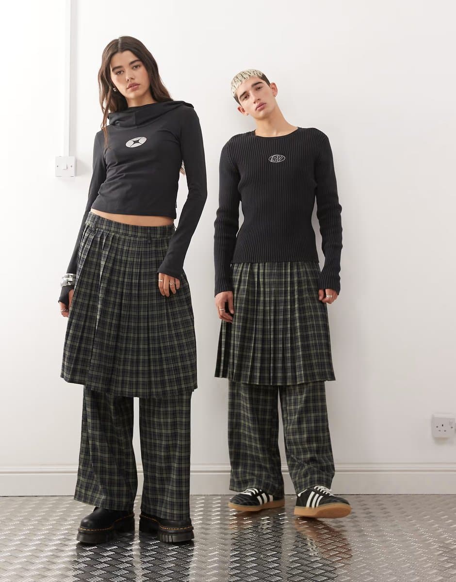 ASOS Reclaimed Vintage unisex tailored skirt trouser in green and blue check