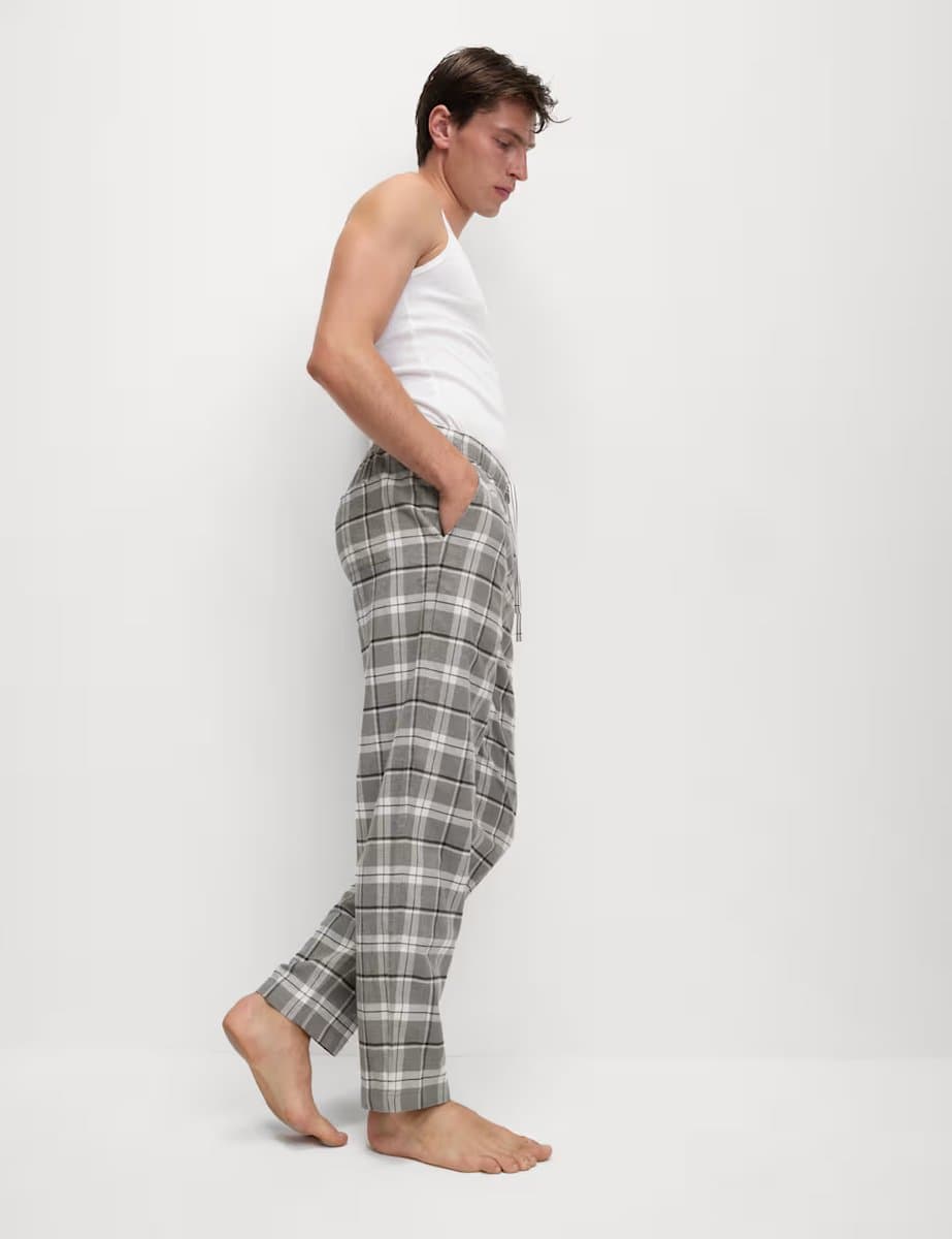 Marks & Spencer M&S Pure Cotton Checked Loungewear Bottoms Grey Mix - 3