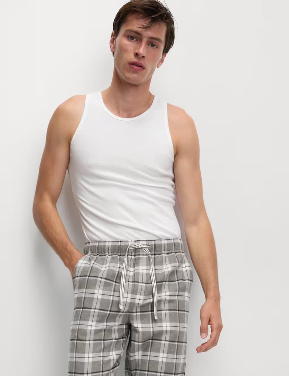 Marks & Spencer M&S Pure Cotton Checked Loungewear Bottoms Grey Mix - 4