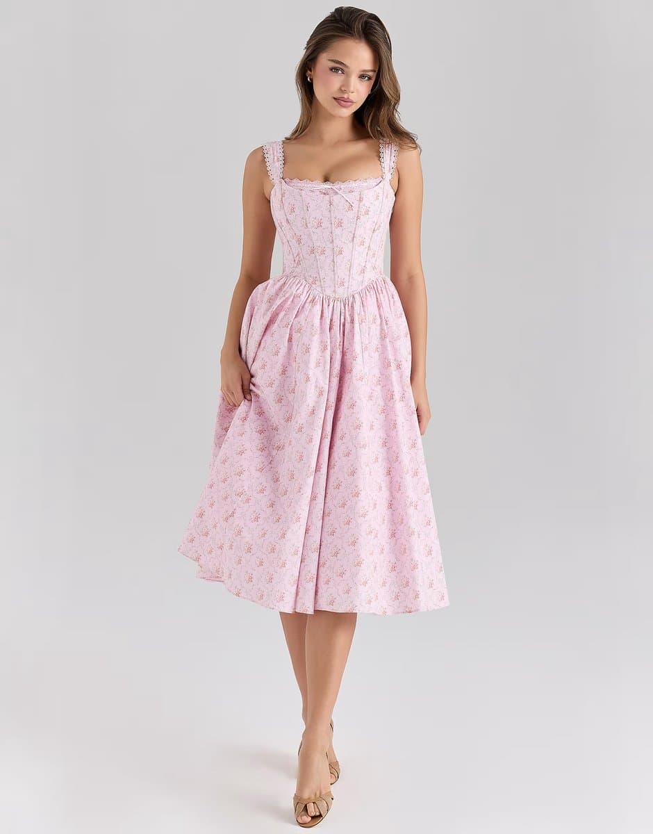 ASOS House of CB Amara stretch cotton corset midi dress in pink rose print - 1