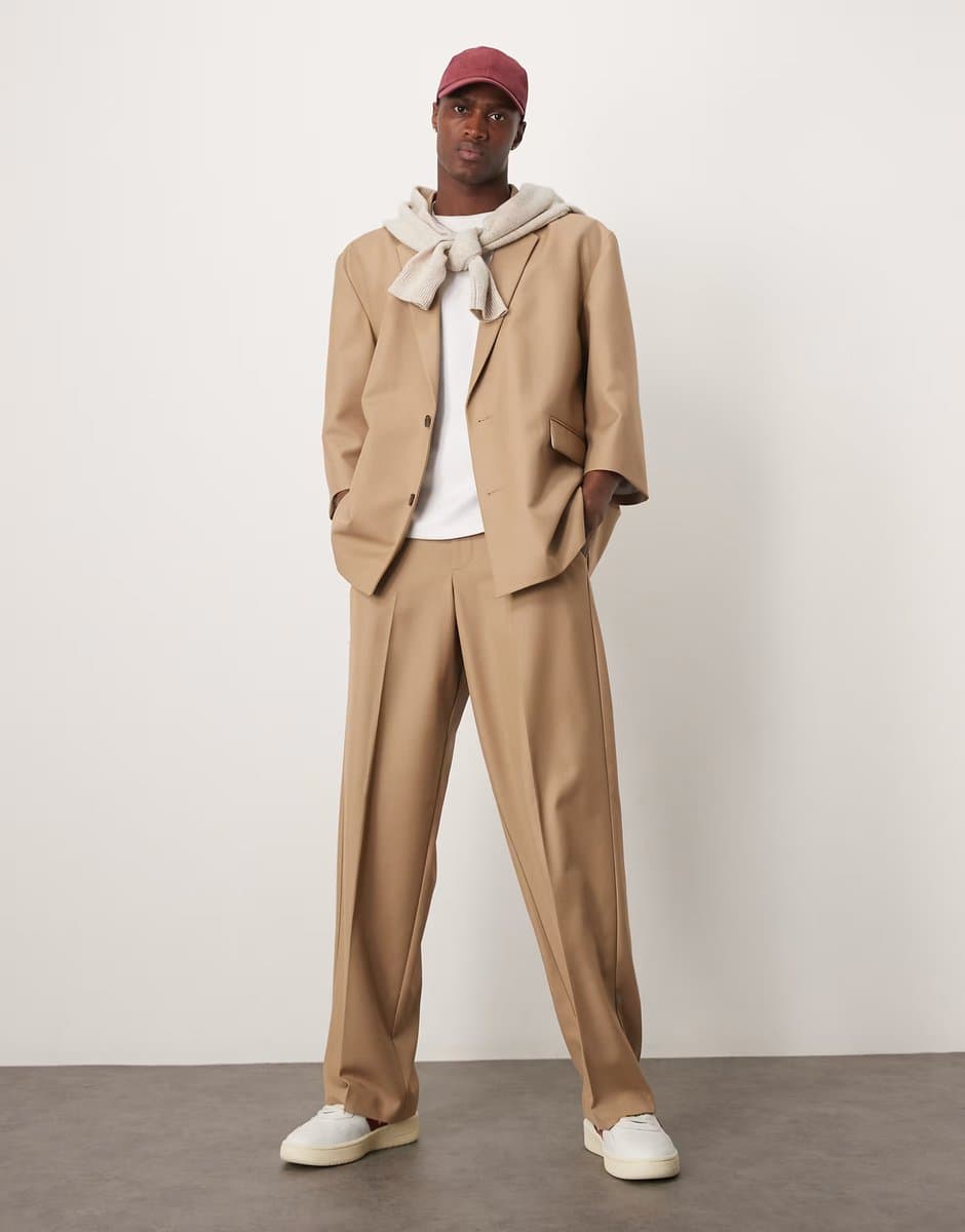 ASOS ASOS DESIGN linen blend wide suit trousers in stone slub
