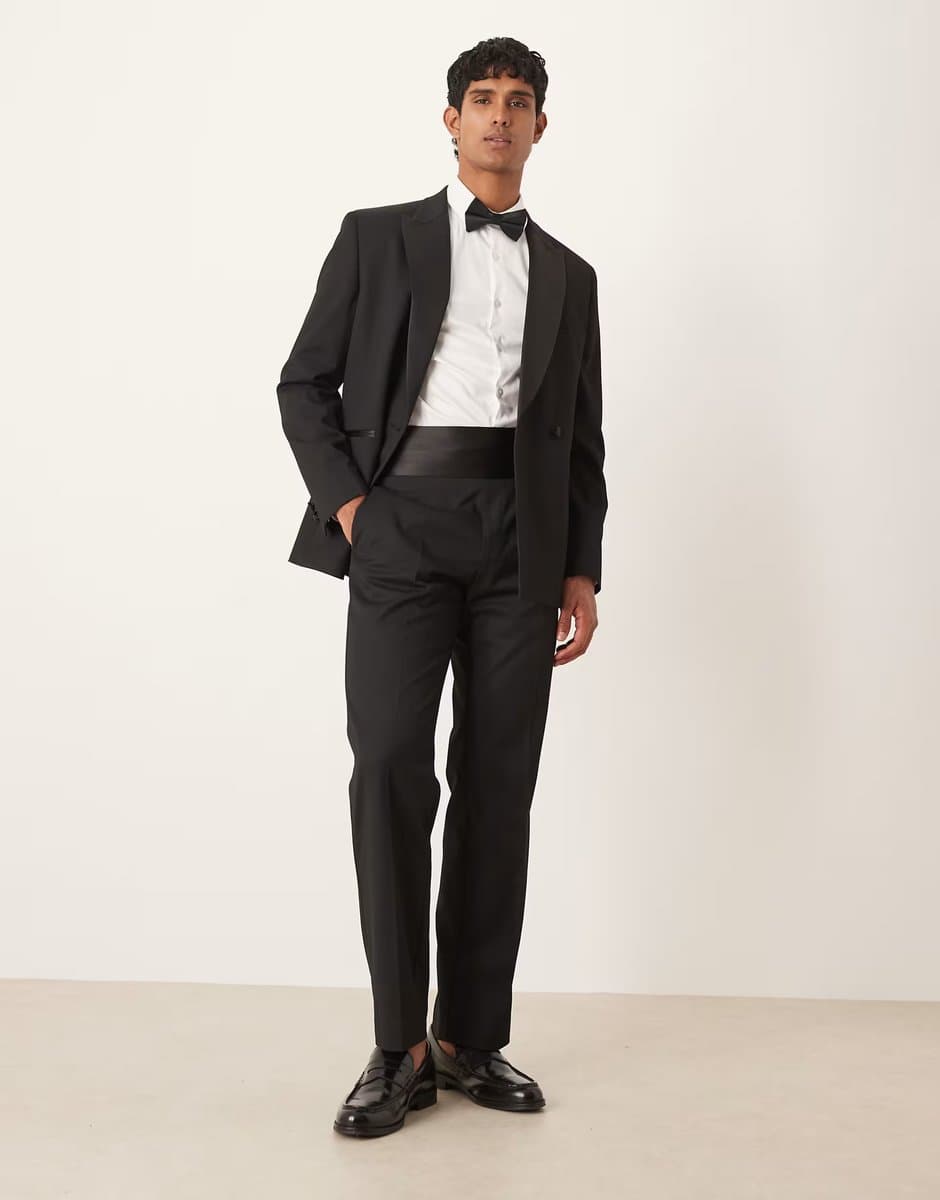 ASOS ASOS DESIGN straight tuxedo suit trousers with cummerbund waistband in black