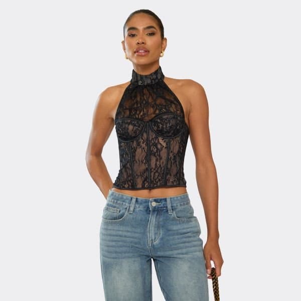 EGO High Neck Underwired Corset Top In Black Lace, Women's Size UK 4 - 1